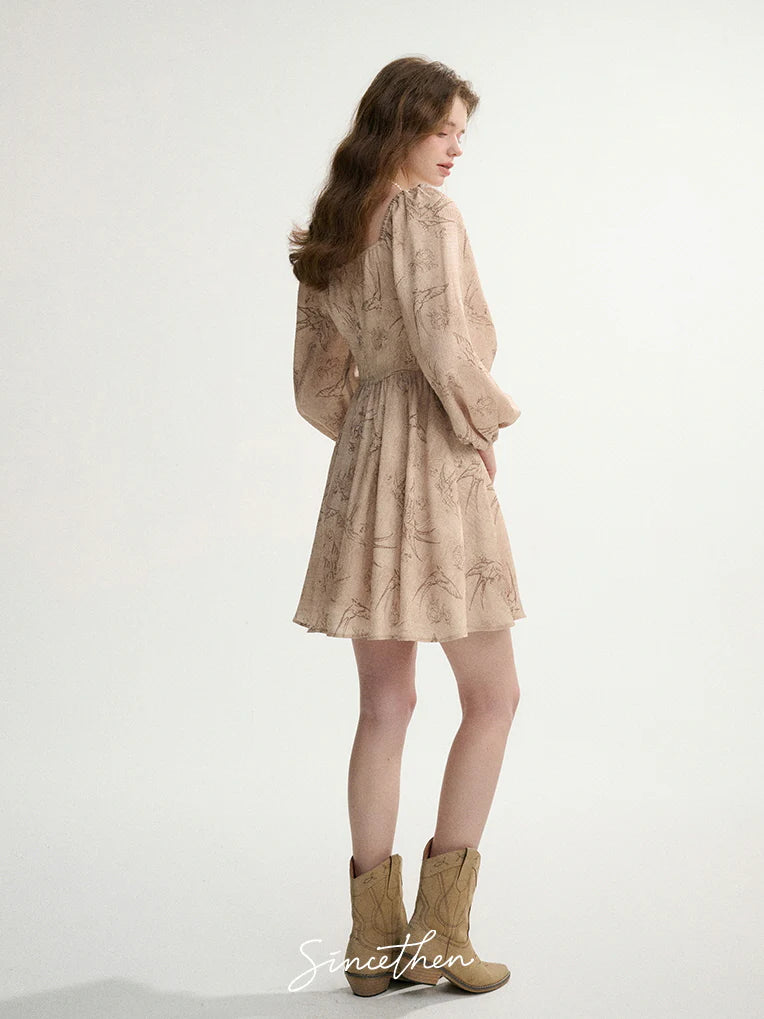 Vintage Botanical Puff-Sleeve Dress