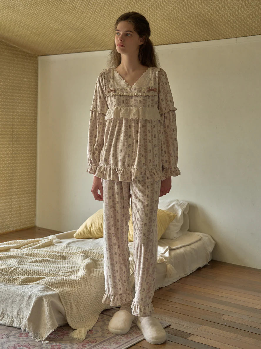 Brown Ribbon Lace Flannel Pajama Set