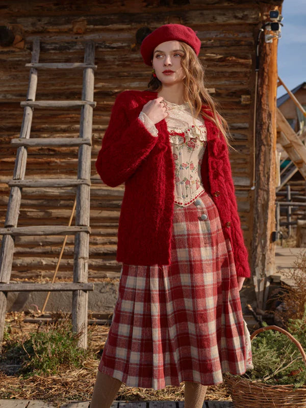 Adorable Red Checkered Pleats Skirt