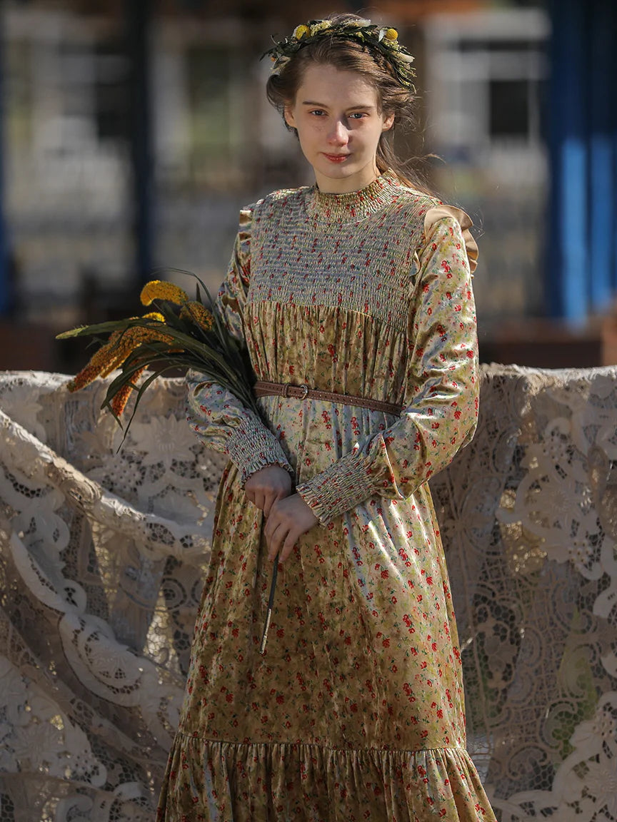 Golden Velvet Floral Dress