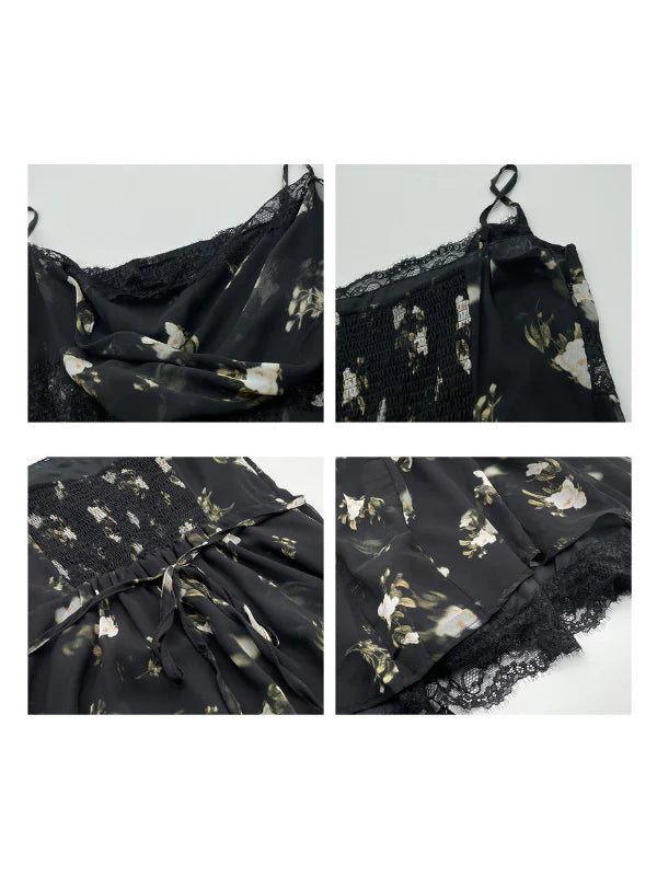 Midnight Bloom Lace Trim Floral Dress