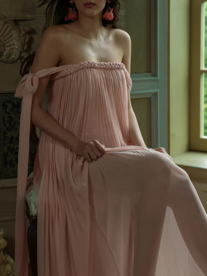 Off-Shoulder Blush Pleated Ribbon Dress