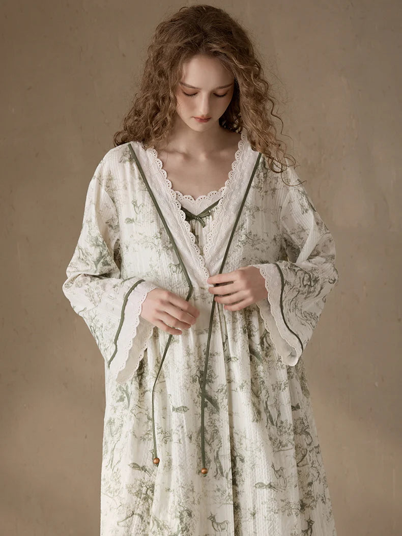 Woodland Toile Print Nightgown & Robe Set