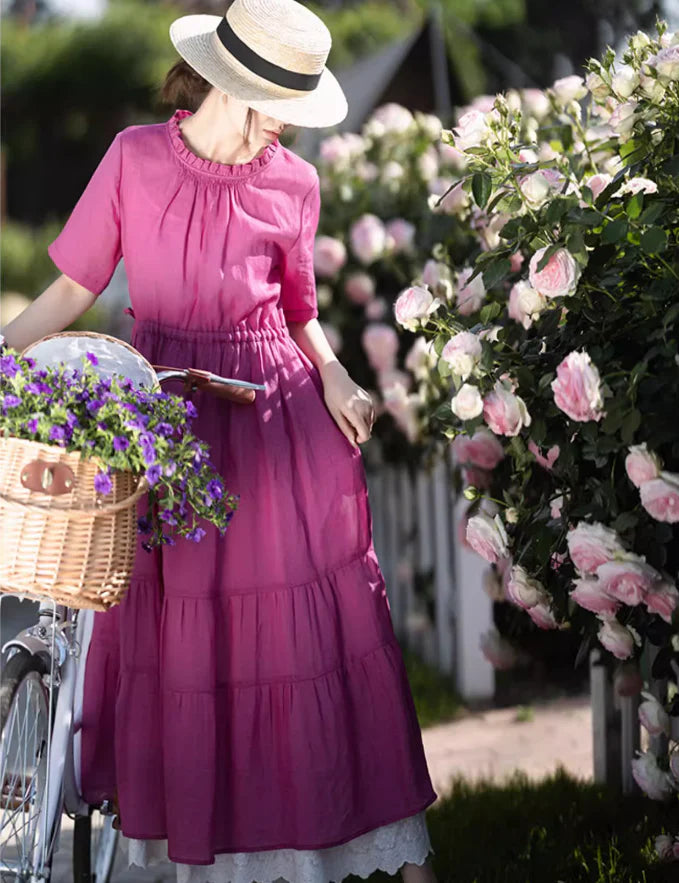 Ramie Fabric Red Purple Long Dress