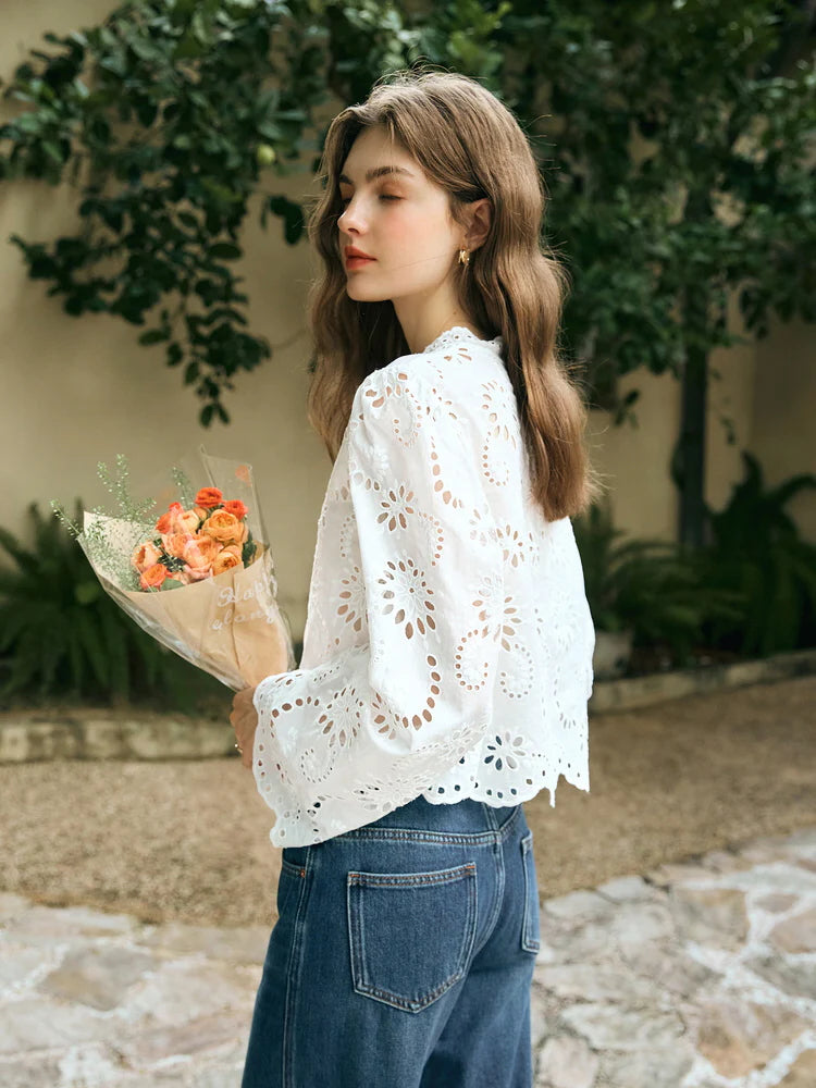 Floral Eyelet Lace Tie-Front Blouse