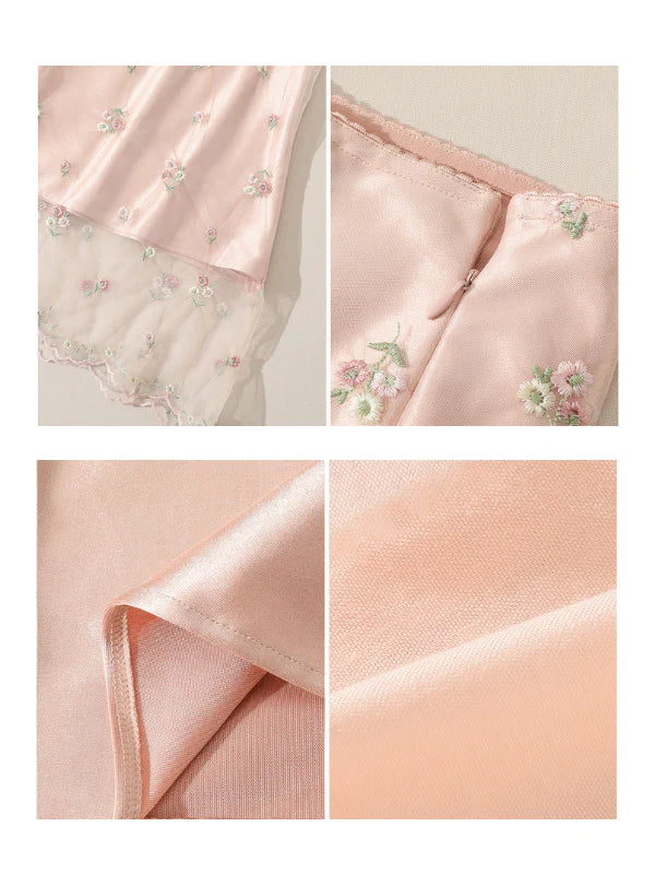 Blush Petal Embroidered Satin Skirt