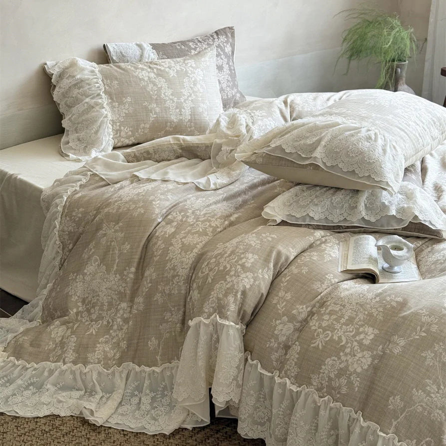 Beige Floral Lace Ruffle Bedding Set