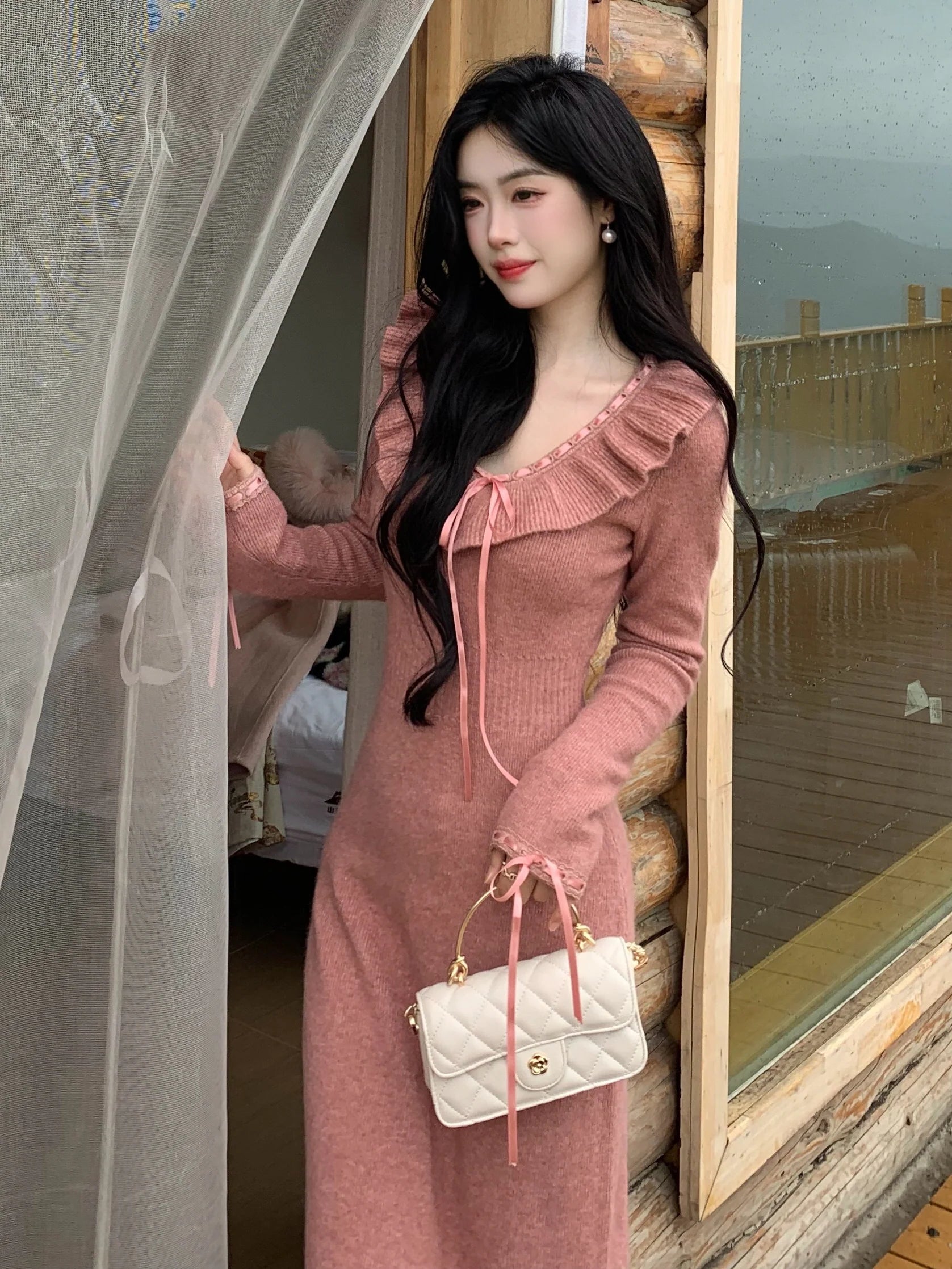 Ruffle Ribbon Blush Pink Knit Dress