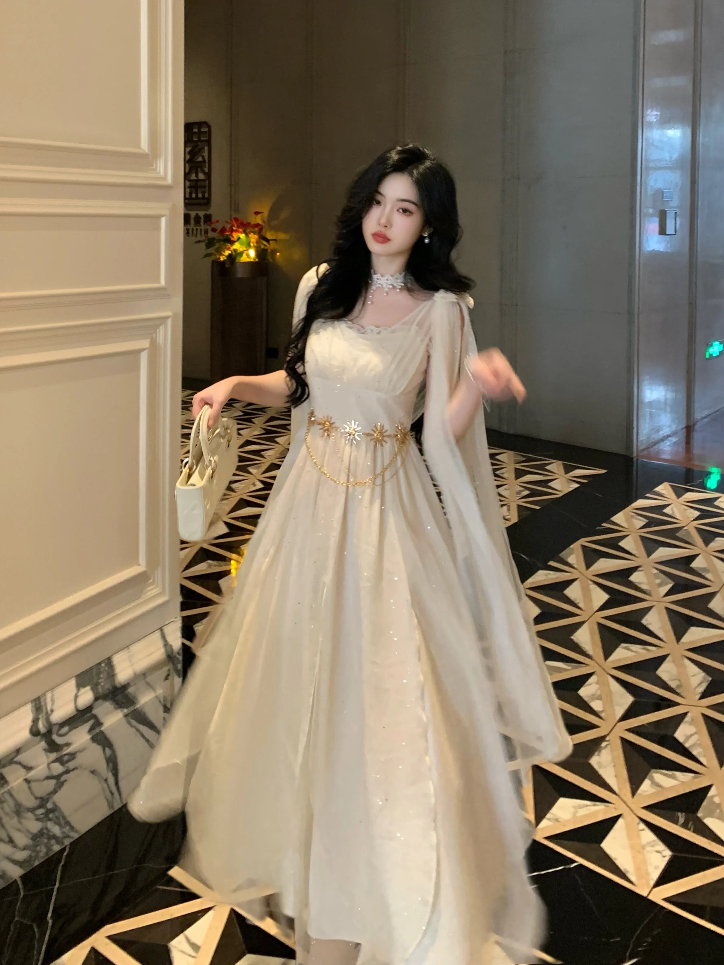 Ethereal Goddess Shimmering Silver Mesh Gown