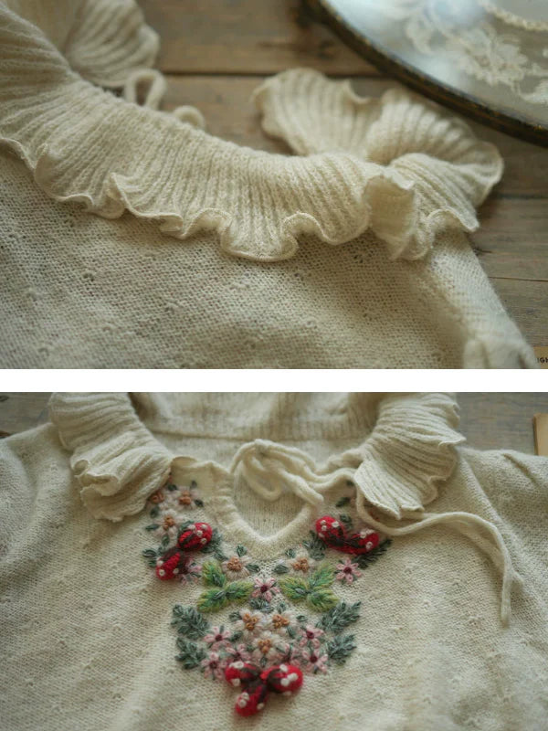 Frilled Collar Floral Embroidered Sweater