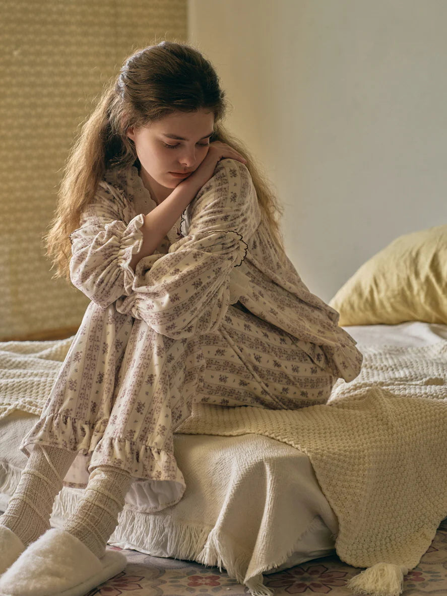 Brown Ribbon Lace Flannel Pajama Set