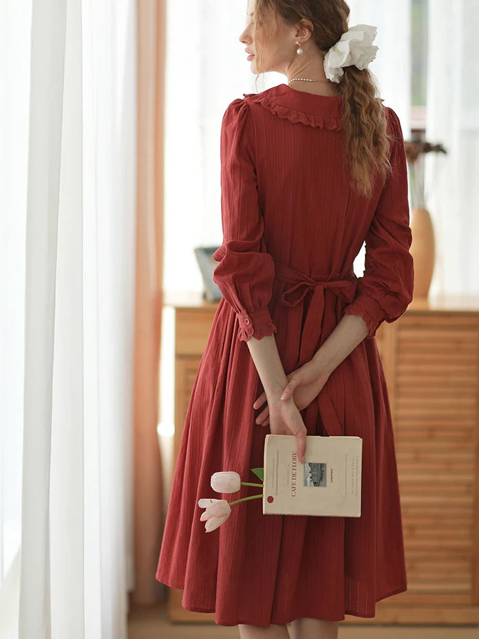 Lace-Trimmed Vintage Rust Cotton Dress