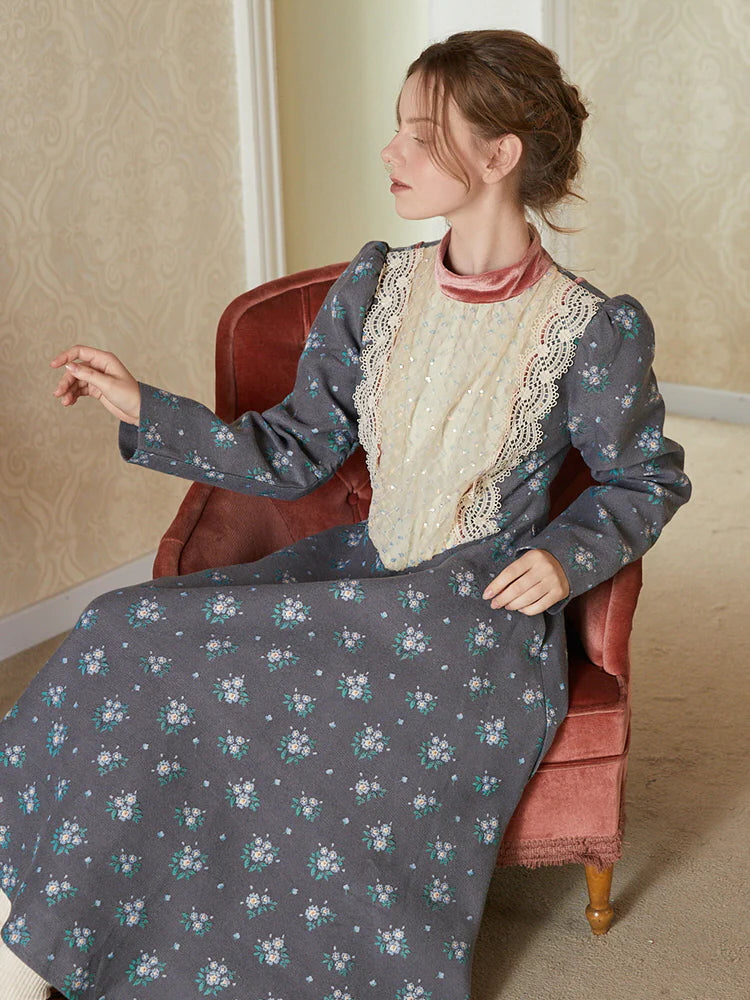 Vintage Floral Lace Trim Linen Dress
