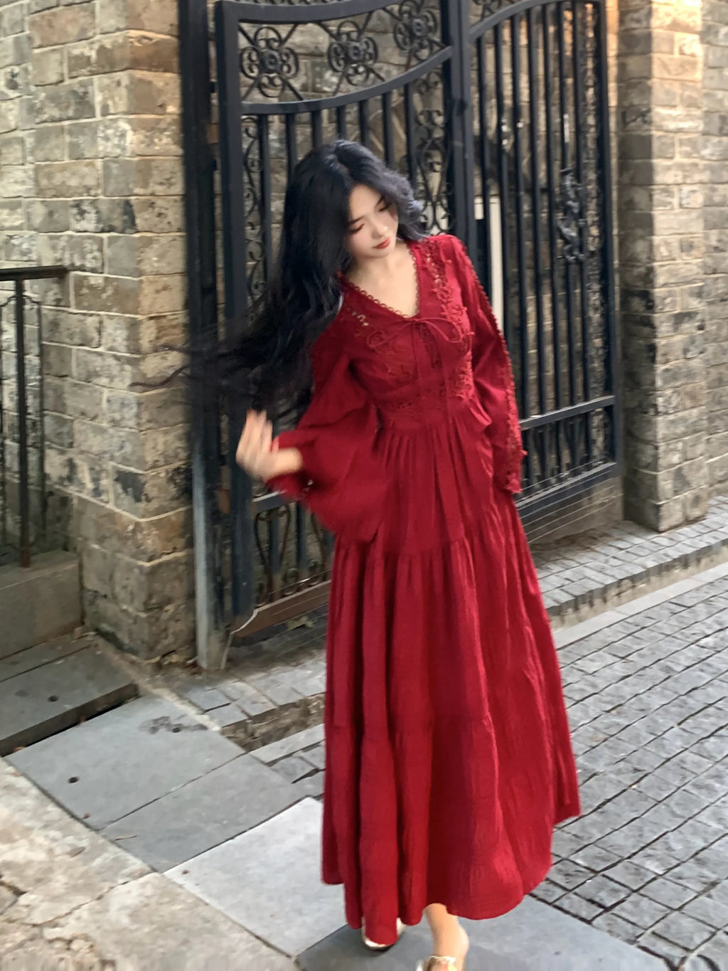 Ruby Elegance Lace-Up Maxi Dress