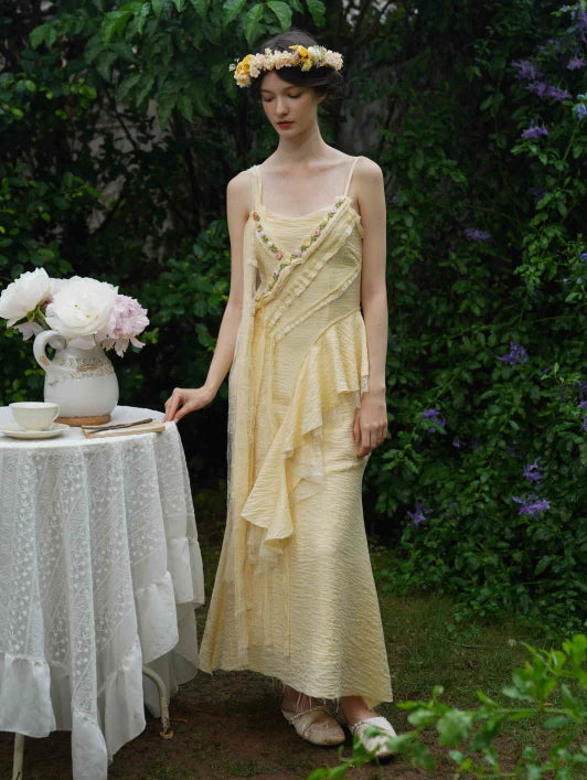 Golden Bloom Petal Drape Dress