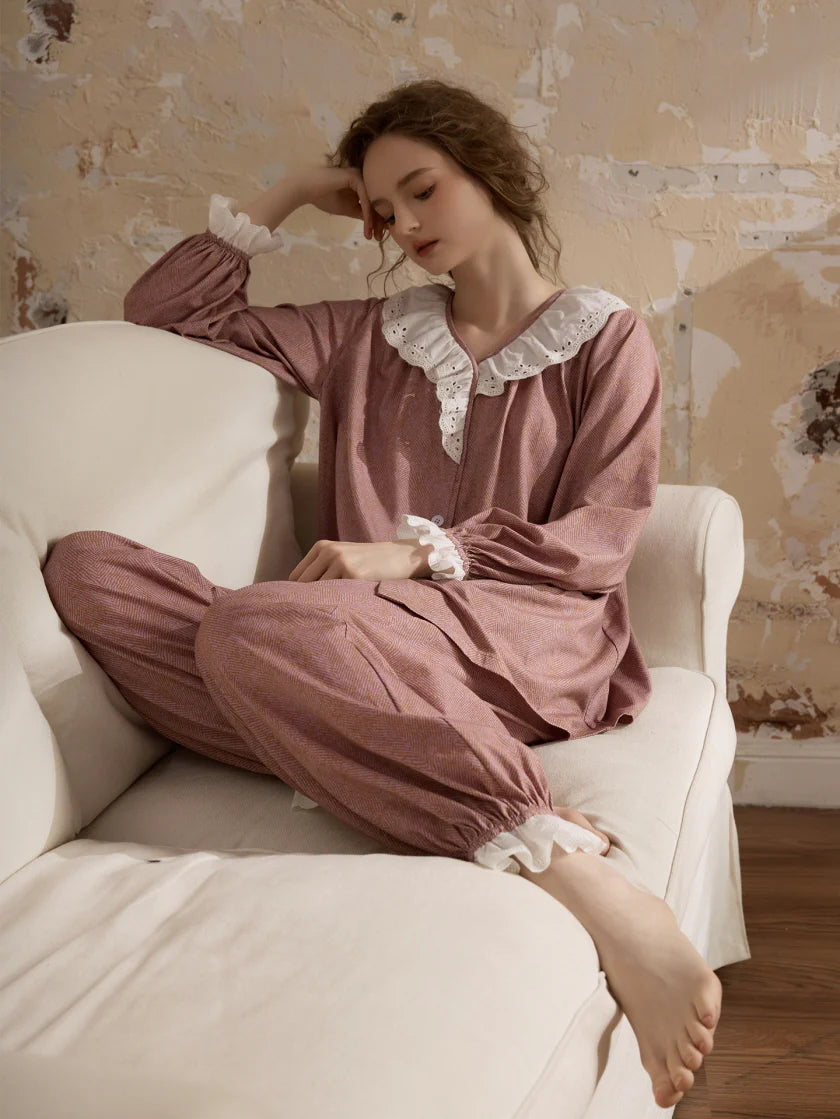 Vintage Rose Lace Collar Pajama Set