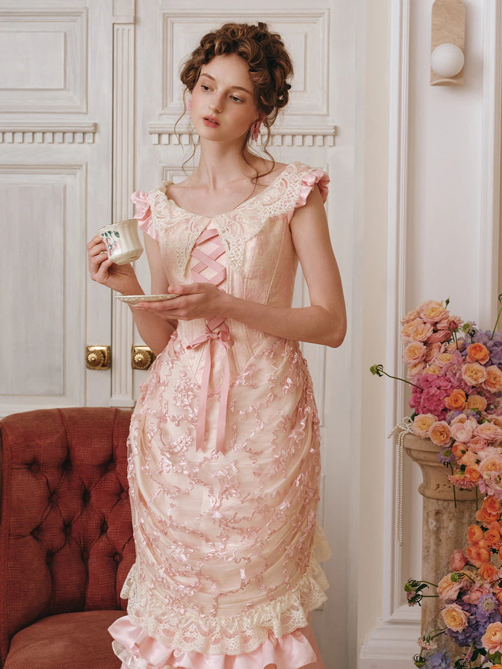 Vintage-Inspired Pink Ruffle Corset Dress