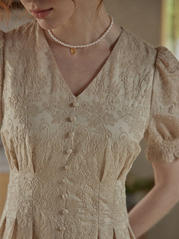 Vintage Lace Buttoned Puff Sleeve Dress