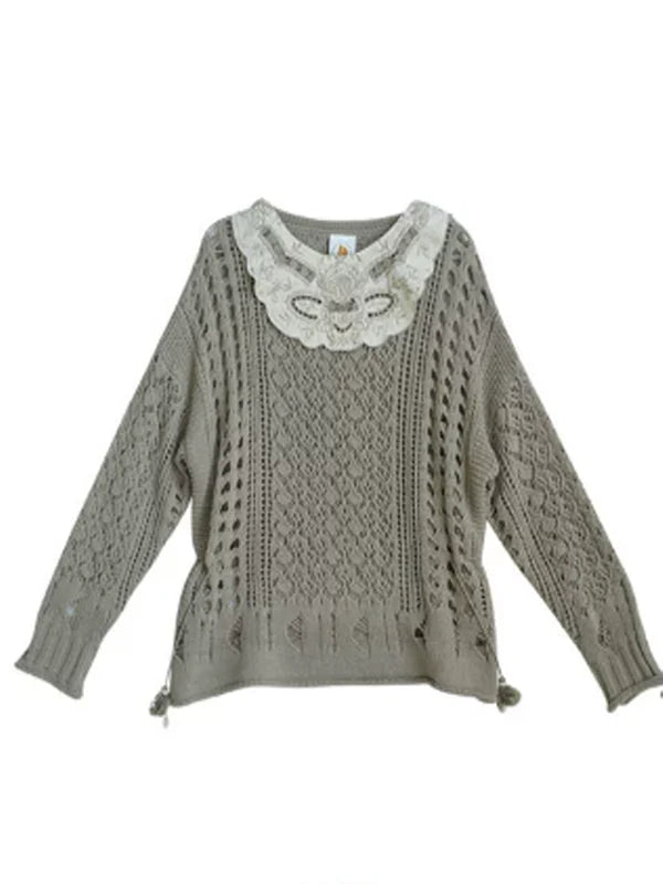 Graceful Lace Collar Brown-Gray Knitwear