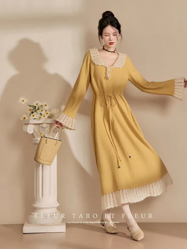 Golden Daydream Crochet Trim Knit Dress