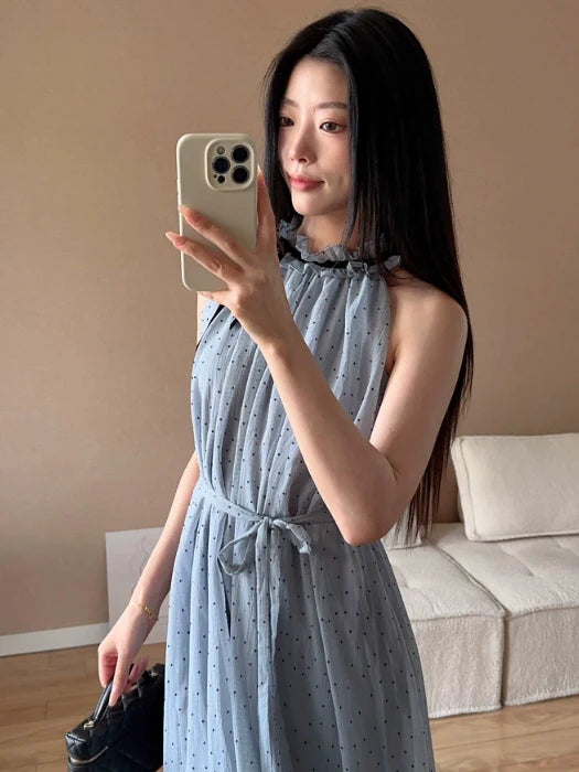 Blue Polka Dot Halter Maxi Dress