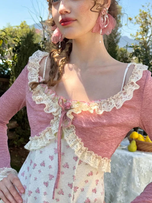 Vintage Rosebud Lace-Trimmed Knit Dress