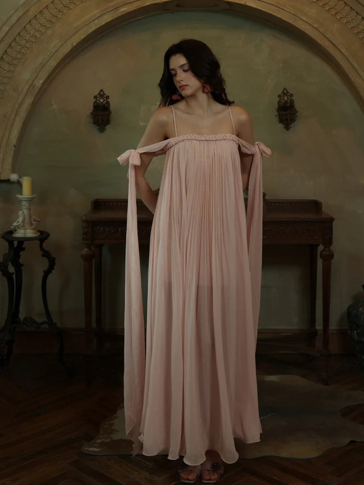 Off-Shoulder Blush Pleated Ribbon Dress