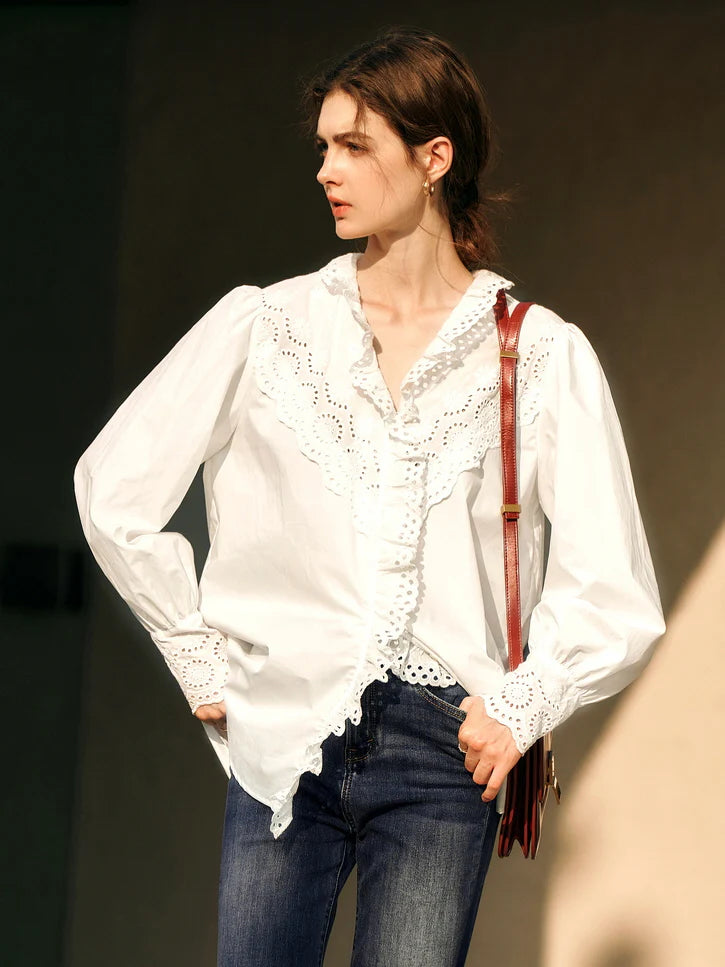 Vintage Eyelet Lace Ruffle Blouse