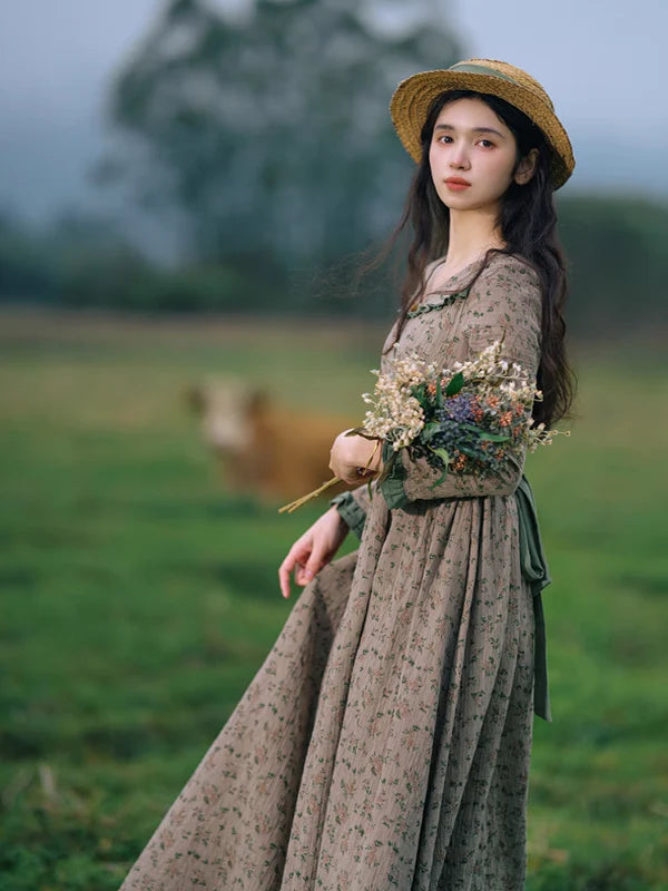 Whispering Meadow Floral Dress with Green Frill