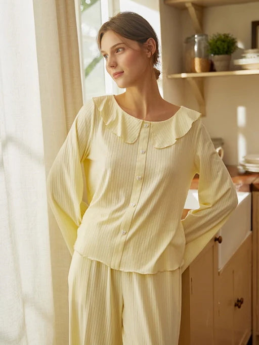 Soft Yellow Ruffled Collar Pajama Set