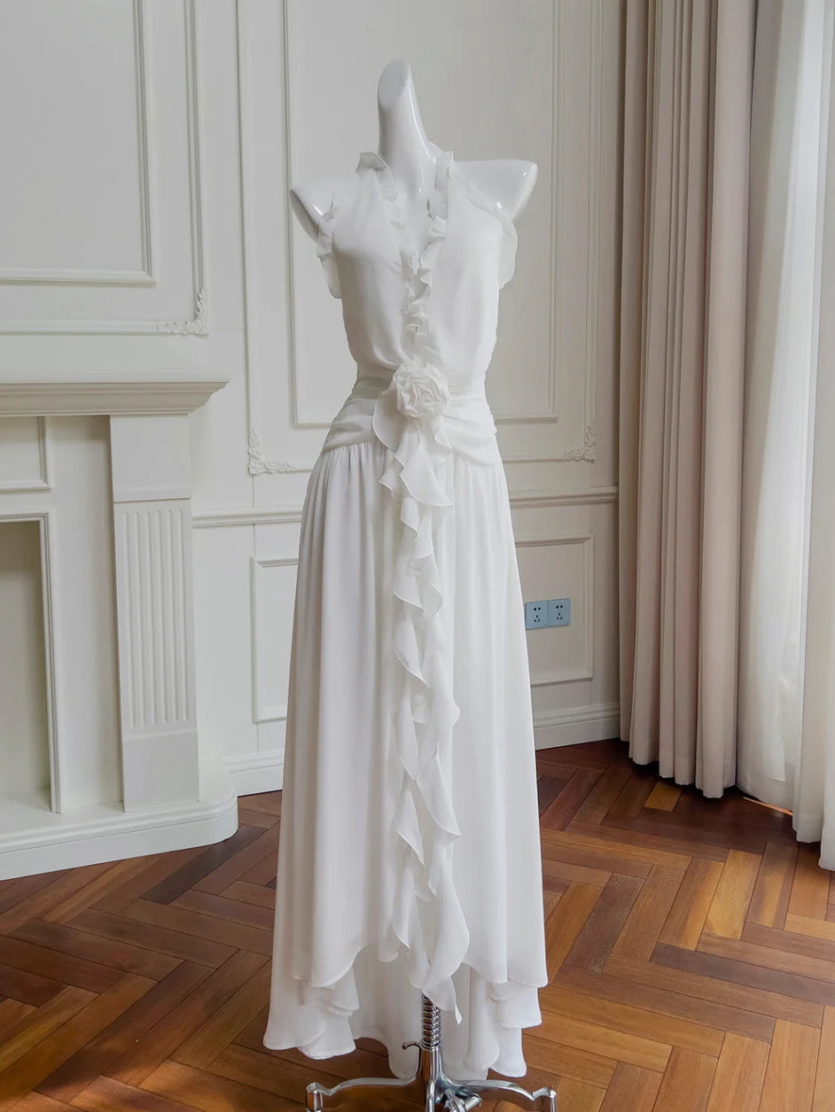 Ethereal Ruffle Rose White Dress