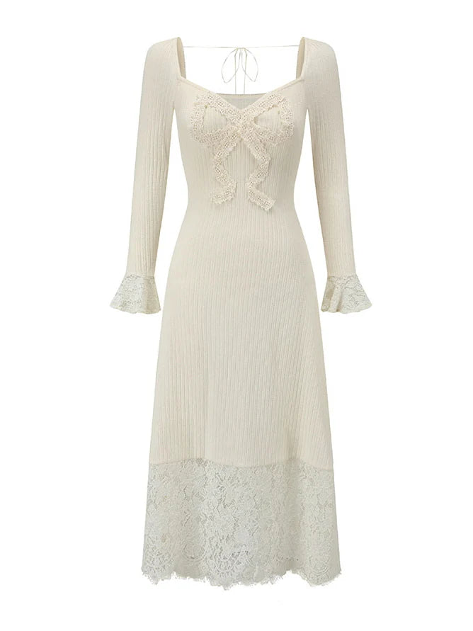 Elegant Lace Trim  Flared Sleeves Knit Dress