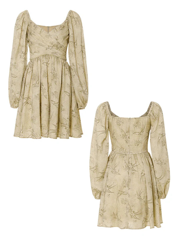 Vintage Botanical Puff-Sleeve Dress