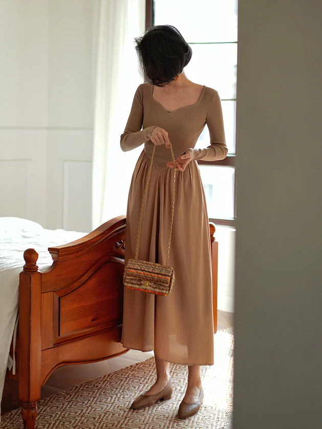 Vintage-Inspired Beige Knit and Chiffon Dress