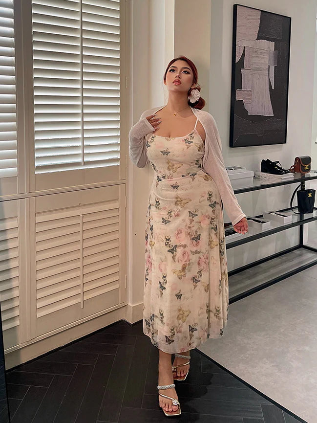 Butterfly Garden Sheer Slip Dress & Cardigan