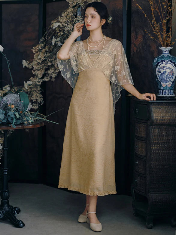 Golden Bloom Lace Overlay Dress