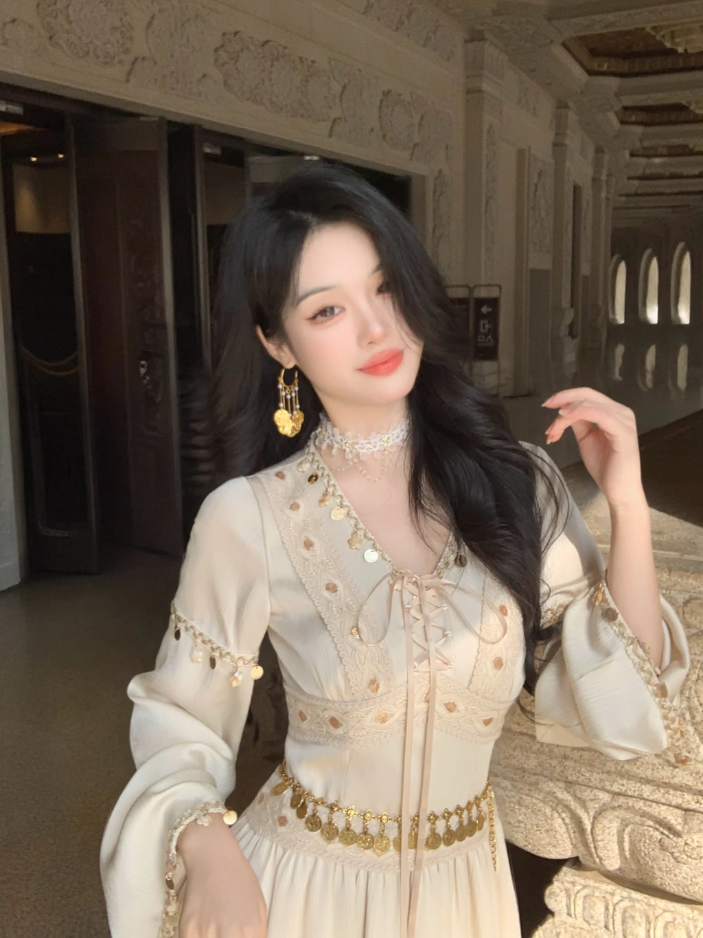 Golden Ethereal Lace-Up Flare Sleeve Chiffon Dress