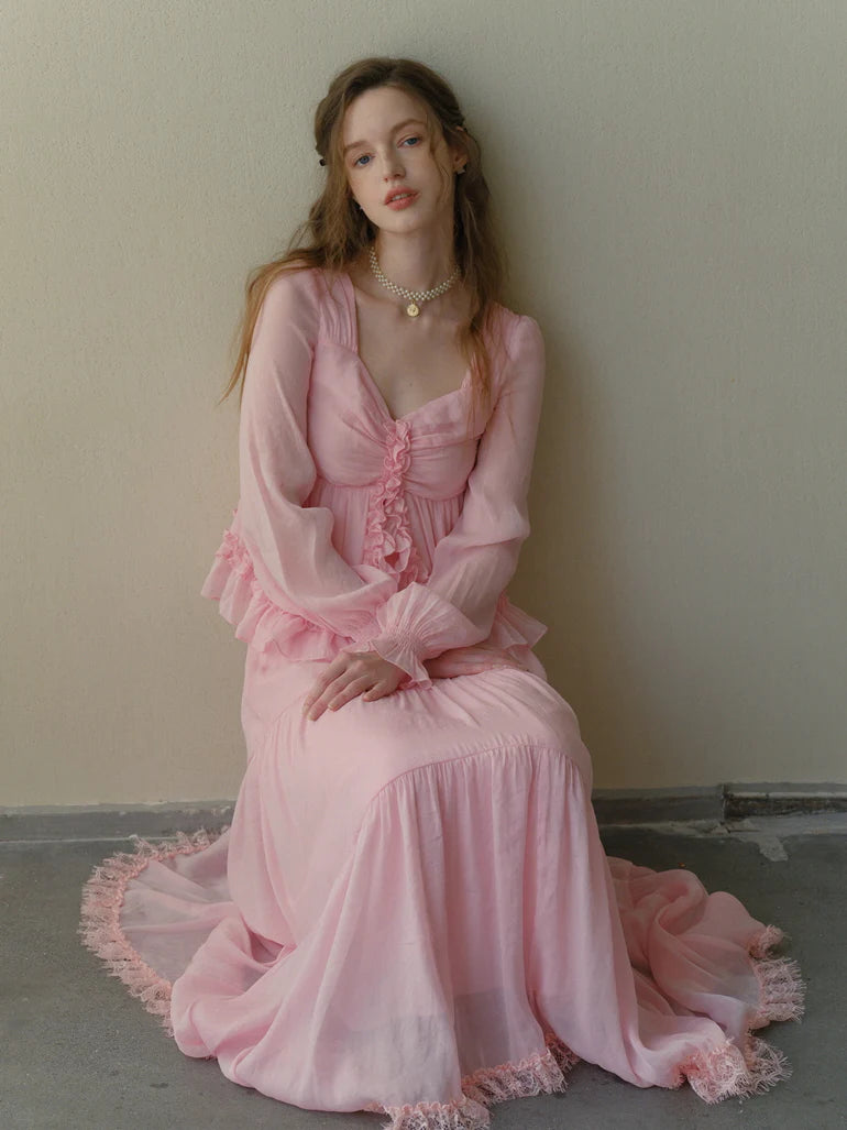 Rosy Frill Long Sleeve Top & Tiered Lace Skirt