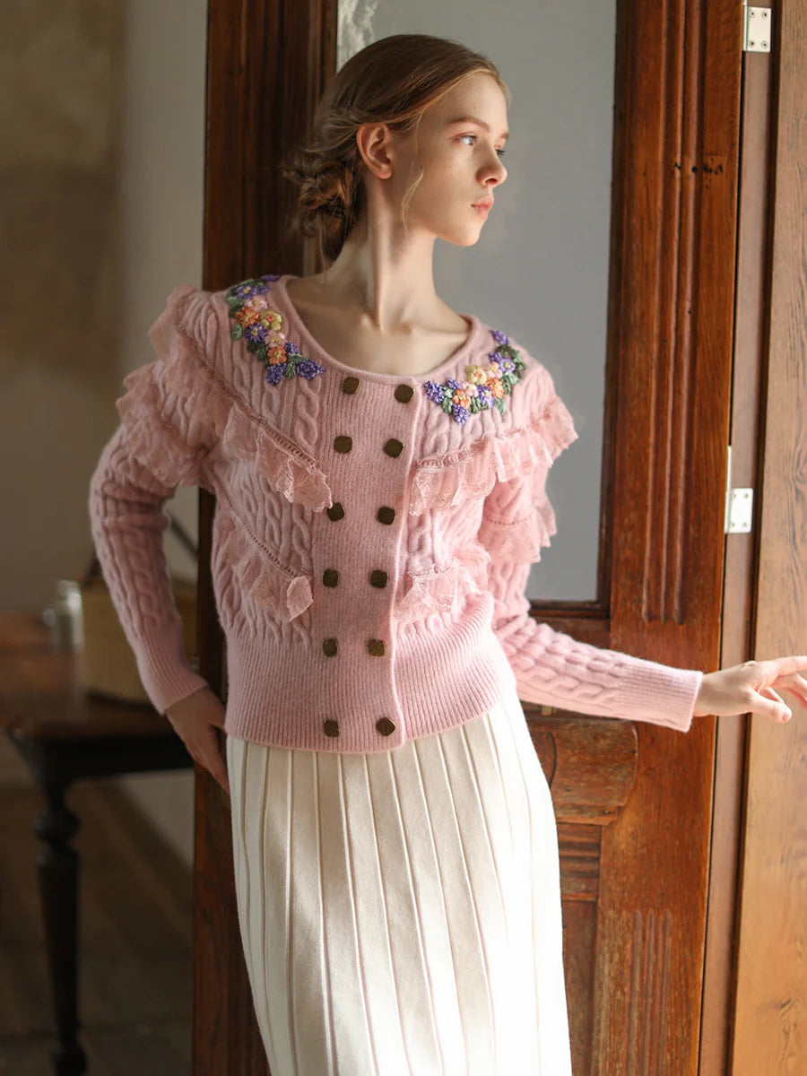 Delicate Floral Embroidered Ruffle Cardigan
