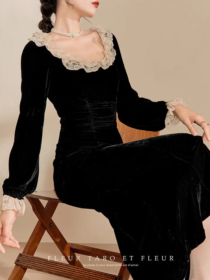Vintage Noir Velvet Lace Dress