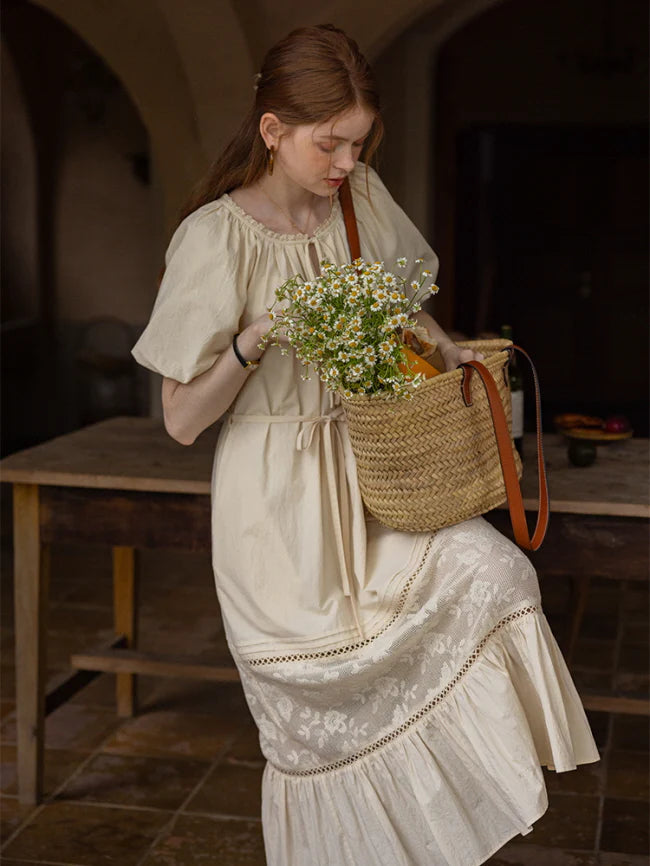 Ivory Cottagecore Lace Trim Dress