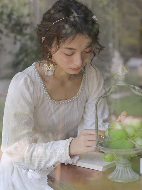 Elegant Pearl-Trimmed Ivory Long Dress