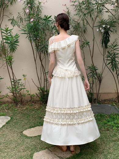 Ivory Ribbon Shoulder Ruffle Top & Skirt