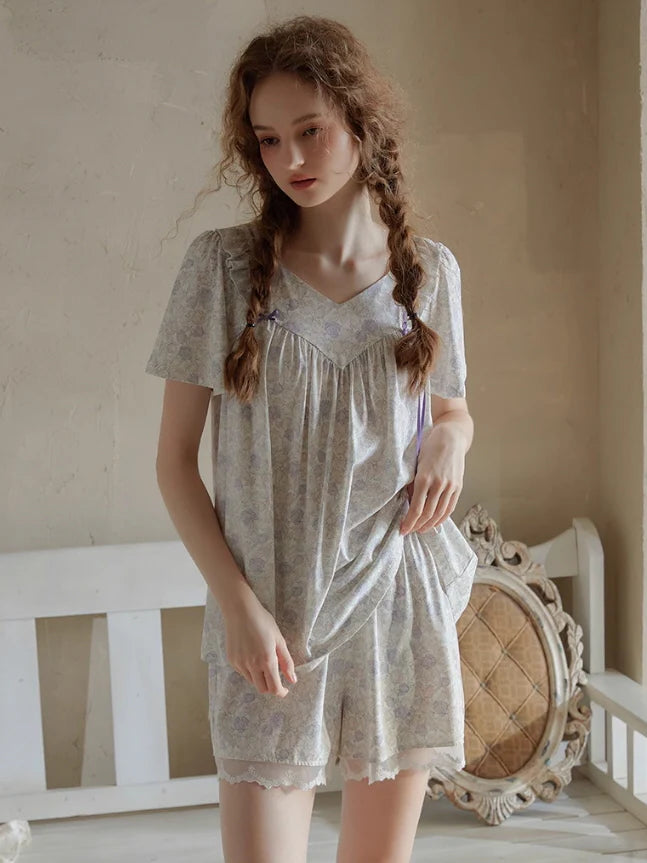 Romantic Floral Lace Ribbon Pajama Set
