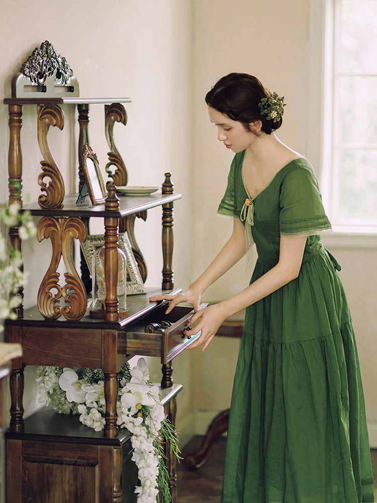 Woodland Green Bow‑Tie Dress