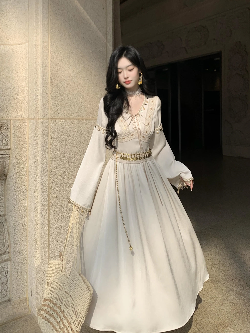 Golden Ethereal Lace-Up Flare Sleeve Chiffon Dress