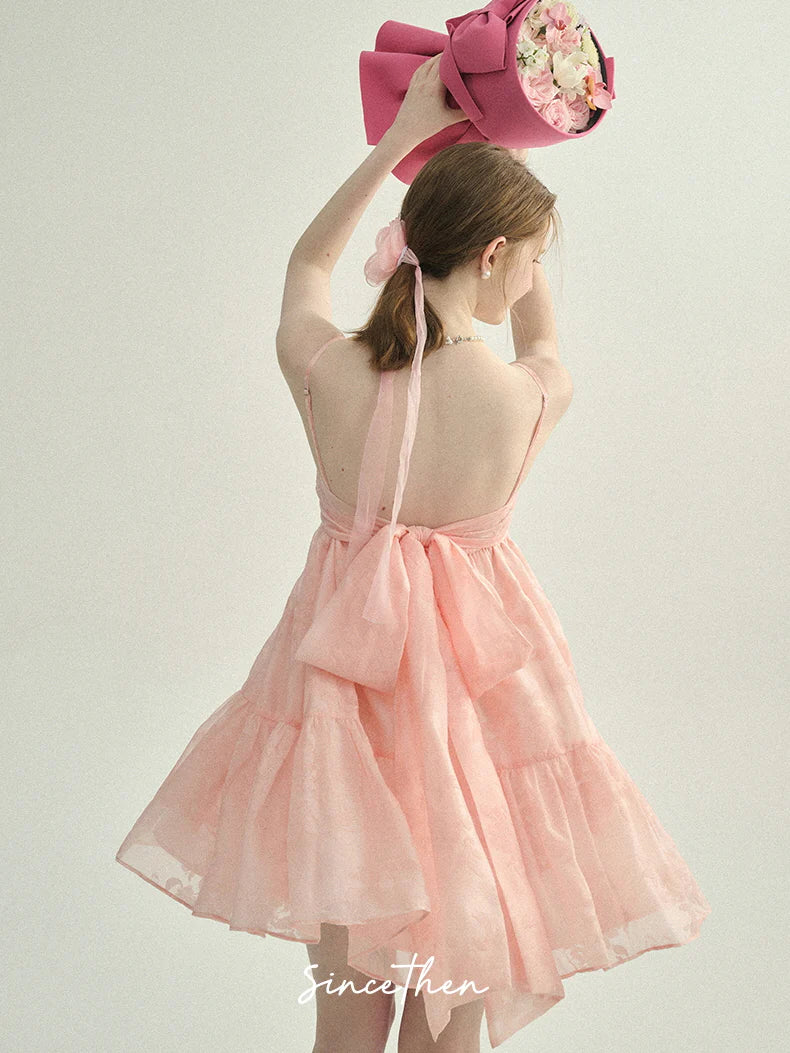 Blush Petal Ruffle Back Bow Dress