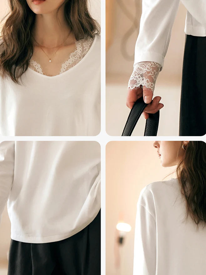 Lace Trim Soft Cotton Long Sleeve Top