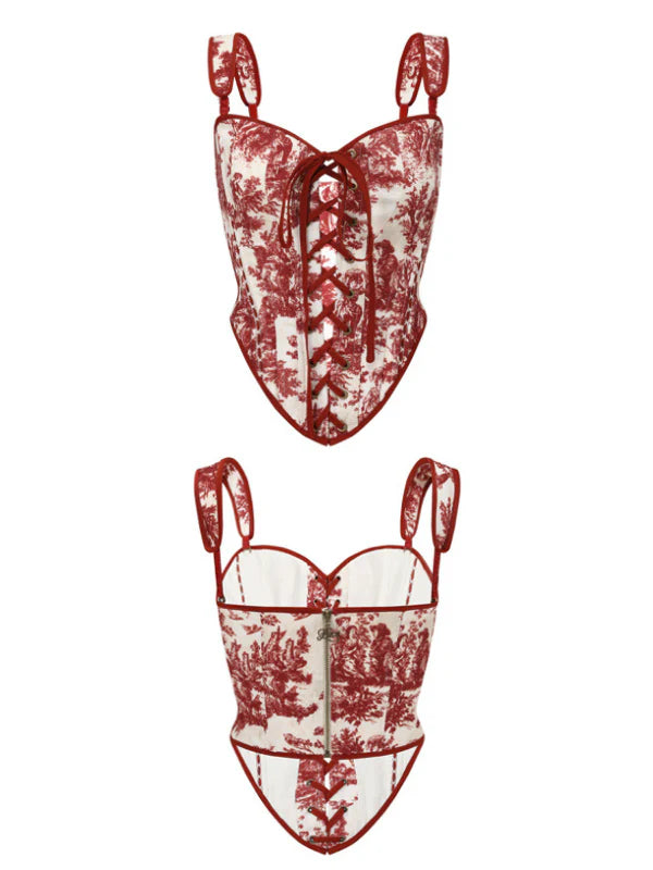 Vintage Floral Red Lace-Up Corset