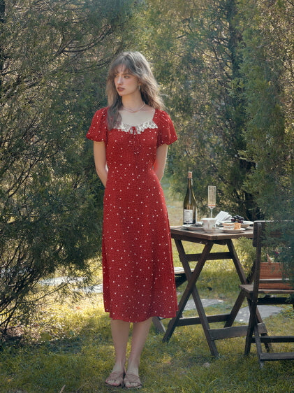 Lace Trim Retro Red Dress with Puff Sleeves